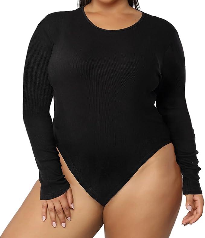 Moon Wood Plus Size Long Sleeve Bodysuit for Women, Crew Neck Bodysuits Tops for Curve Women, 2XL
