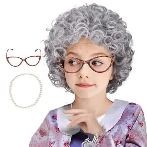 Gray Curly Wig with Granny Glasses and Pearl Necklace Old Lady Costume for Halloween Party