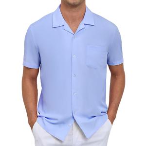 Men's Short Sleeve Button Down Shirt Cuban Collar Anti-Wrinkle Shirt Casual Summer Beach Shirt (Large, Light Blue)