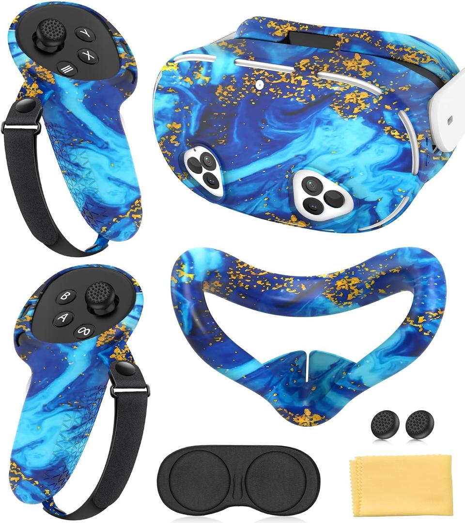 Silicone Cover Set Compatible with Meta Quest 3S Accessories, VR Protector Face Cover, Controller Grips, Front Shell Headset & Lens Protective for Oculus/Meta Quest 3s Accessories (Illusion Blue)