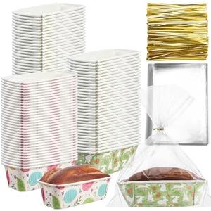 Teenyyou 50 Sets Paper Loaf Pan for Baking 6.3 x 2.2 x 2.2 Inch Disposable Mini Loaf Pan Liners with Clear Plastic Bags and Ties Rectangle Baking Mold for Bread Cake Bakery(Classic Style)