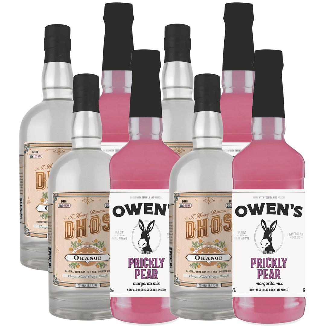 Dhs Handcrafted Non-Alcoholic Orange 750 ML Bottles w Owens Mixers Prickly Pear 32 OZ Bottles - Keto-Friendly, Zero Sugar, Zero Calories, Zero Proof - Perfect for Mocktails - Made in USA 