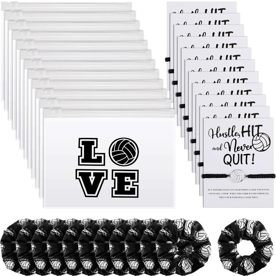 Juexica 36 Pcs Volleyball Team Gifts Volleyball Party Favors Include 12 Bracelets, 12 Scrunchies, 12 Bags for Women Players, Sports Lovers, Sport Themed Supplies Bulk(Black and White)