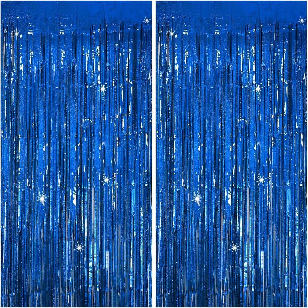 Tinsel Curtain Party Backdrop Blue Birthday Party Decorations 2 Packs Glitter Foil Fringe Curtain Party Decor Streamers Photo Booth for Birthday Christmas Wedding Halloween Graduation Decorations