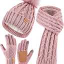 Womens Beanie Hat Scarf Gloves Set, Fleece Lined Winter Hat with Pom Pom, Long Knit Scarf Touchscreen Gloves for Cold Weather (Pink)