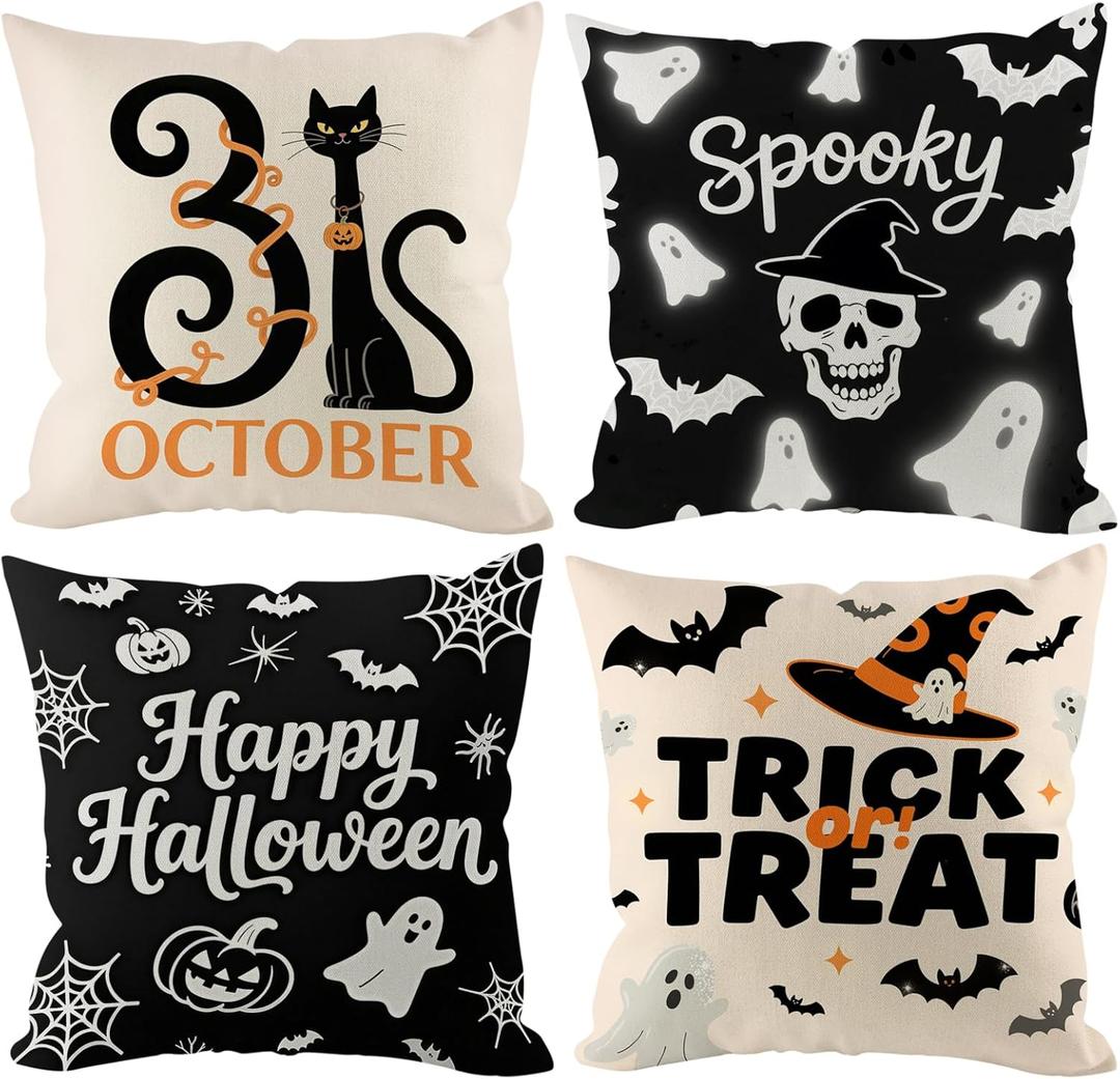 Halloween Pillow Covers 18x18 inch Set of 4, Linen Outdoor Farmhouse Cute Ghost Vintage Cat Skull Spooky Trick or Treat Party Supplies Black and White Decorations for Sofa Couch