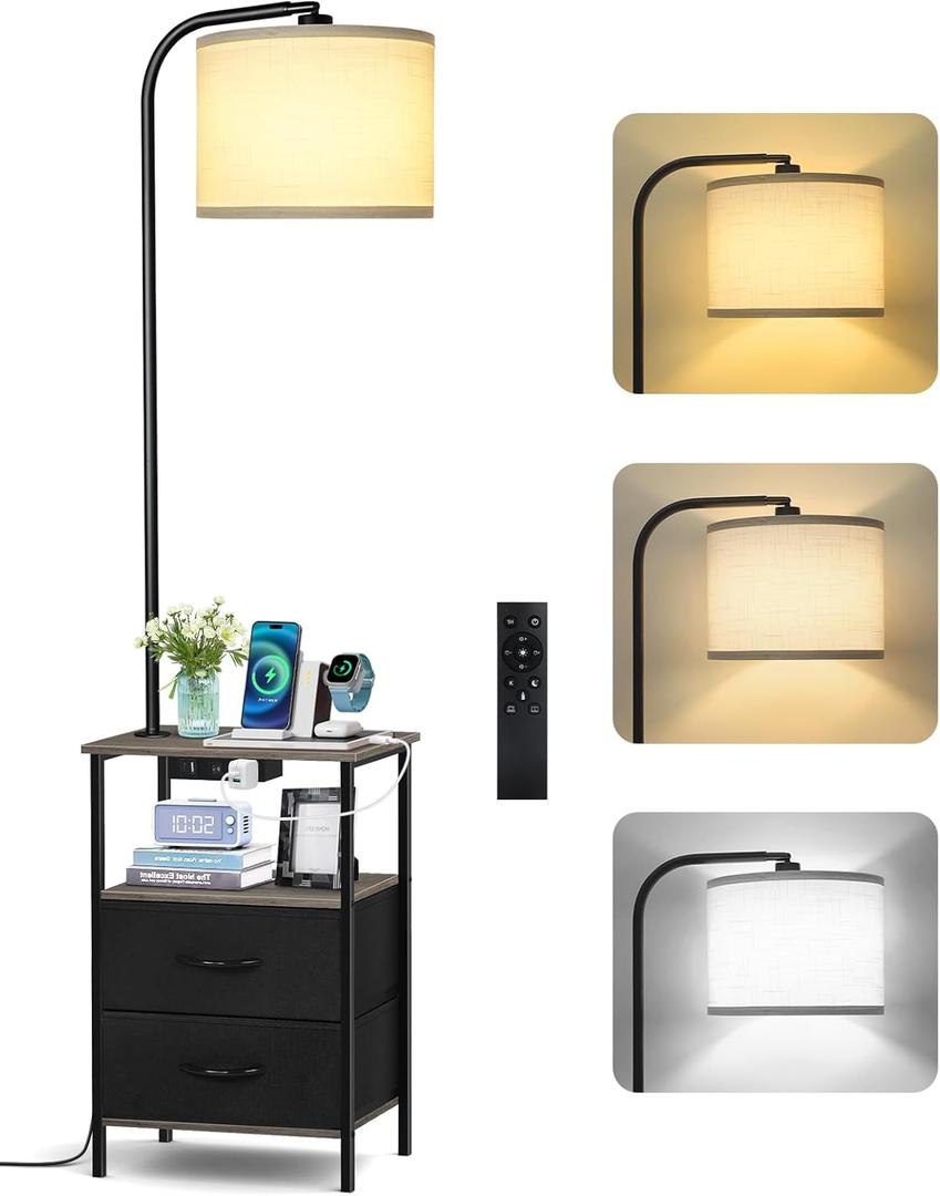 Floor Lamp with Table, 2 Drawers & Remote, Side End Table with Charging Station, Dimmable Nightstand with 3 Color Temperature, 1-Hour Timer, 12W LED Bulb, for Living Room, Bedroom (Grey)