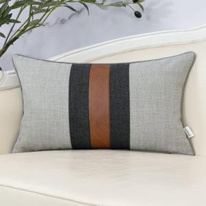 Yangest Patchwork Pillow Cover 12x20 Inch Luxury Cotton and Linen Cushion Cover Faux Leather Pillowcover for Couch Bedroom Living Room, Gray