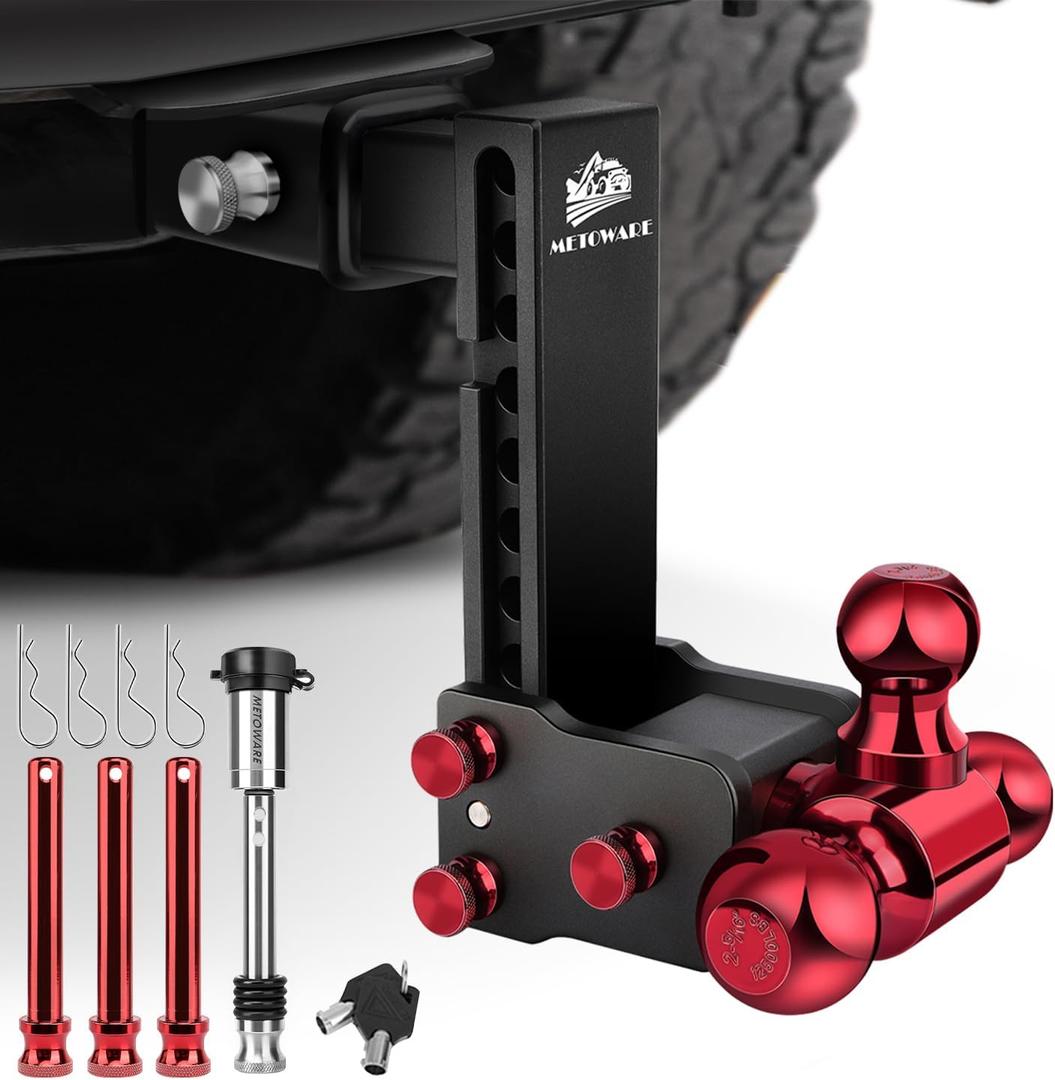 METOWARE Adjustable Trailer Hitch Fits 2-Inch Receiver - Heavy Duty Drop Hitch with 8-Inch Drop/Rise (14,000 LBS GTW) - Tri-Ball (Red) 1-7/8'', 2'', 2-5/16'' and Stainless Steel Lock