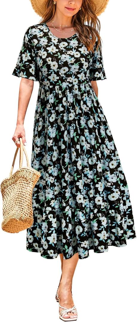STYLEWORD Women's Summer 2026 Casual Short Sleeve Tiered Flowy Spring Dress Long Midi Beach Sundress Vacation Outfits (Black Light Green Floral)