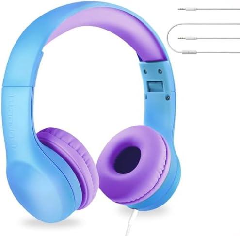 LilGadgets Connect+ Wired Kids Headphones for School with Microphone, Noise & Volume Limiting On-Ear Headset with Cord, SharePort Technology & SoftTouch Padding, Blue/Purple, Kids Headphones with Cord