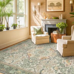 Hazo Haus Washable Sage Green Area Rugs 5x7 for Living Room, Bedroom Bedside, Dining Room, Office, Muted Cream Green Non Slip Stain Resistant Low Pile Botanical Floral Bird French Country Decor