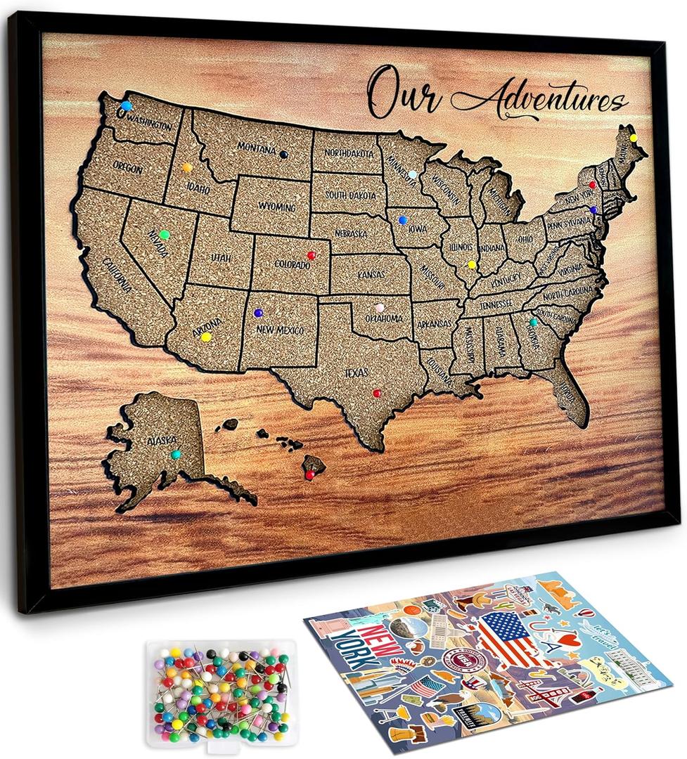 flinelife Cork Board Usa Travel Map With Pins, 12x10, Medium Size, Map of United States, Perfect For Couples and Families Gift (Our Adventures)