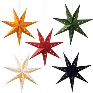5PCS Flocked Paper Star Lantern with Lights - 12 inch Hanging 3D Christmas Paper Star Lampshade 7 Points Christmas Stars Lights Foldable for Xmas Wedding (7-pointed-velvet)