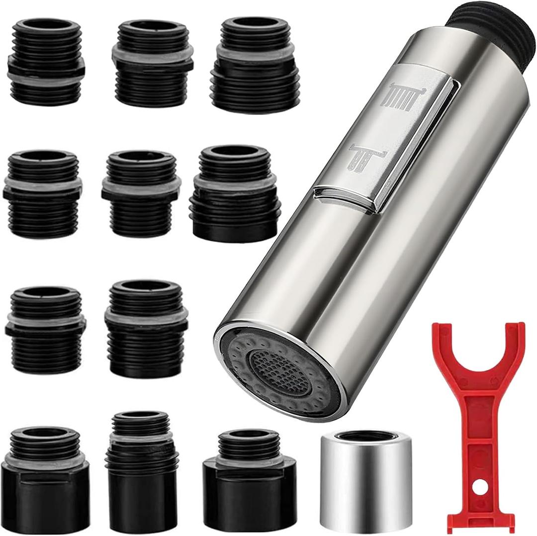 Pull Down Spray Head for Kitchen Faucet, 11 Adapters, 2 Function Spray Nozzle, Sink Faucet Head Replacement Compatible with Moen, Delta, Kohler,Brushed Nickel