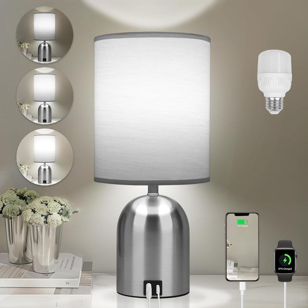 Bedside Table Lamp for Bedroom, 3 Way Dimmable Touch Small Desk Lamp for Office with USB Charging Port Lamps for Living Room, Bedroom, Reading Room, Office, Grey/Sliver, Silver