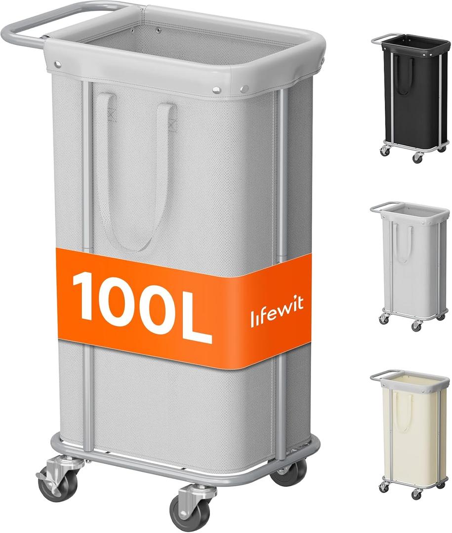 Lifewit 100L Large Laundry Basket with Wheels, Tall 1 Section Laundry Hamper Organizer, Rolling Laundry Cart with Steel Frame & Removable Bag for Luandry Room Bathroom Bedroom, Silver Gray