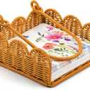 Cinnvoice Scalloped Napkin Holder Square Wicker Napkin Holder, Woven Boho Cocktail Towel Basket, Rustic Decorative Towel Tray for Kitchen Bathroom Restaurant Table 7.5 x 7.5 x 2.5 (Rattan)