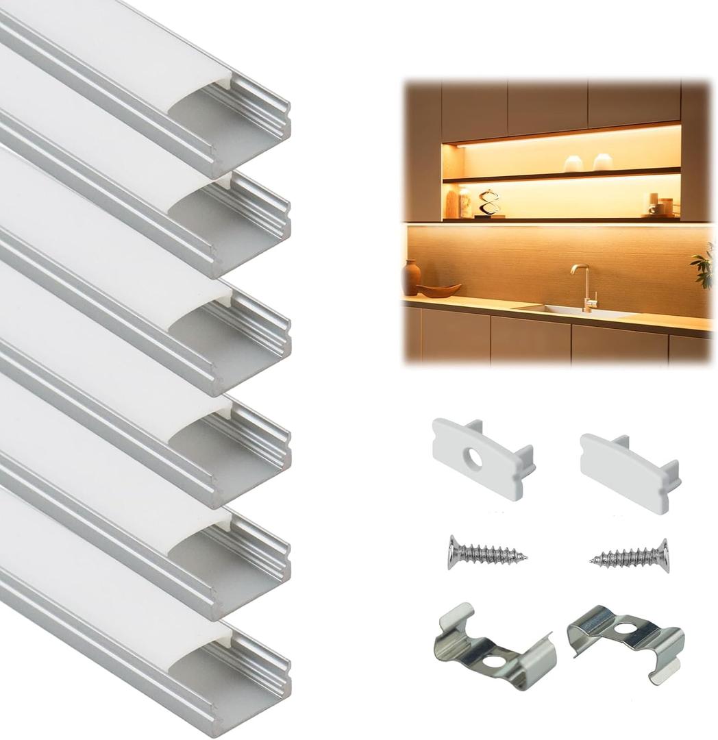 Muzata 6Pack 3.3FT/1M LED Channel Aluminum U Shape Silver LED Strip Diffuser Channel with Milky White Cover Easy Installation U1SW WW 1M