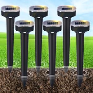 6 Pack Mole Repellent Solar Powered, Snake & Skunk & Vole & Gopher & Armadillo & Rabbit & Groundhog & Chipmunk & Raccoon Repellent for Yard, IP65 Waterproof Ultrasonic Deterrent for Lawns Garden