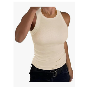 Womens Tank Tops High Neck Sleeveless Ribbed Tank Casual Basic Thick Strap Slim Fitted Racerback Shirts, Size L