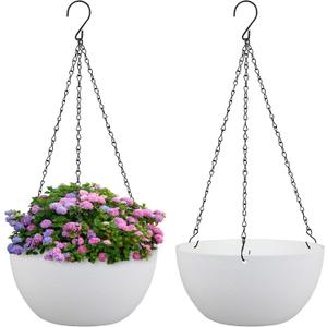 10 inch Hanging Planters for Indoor Outdoor Plants, 2 Pack Hanging Flower Pots with Drainage Holes and Chain for Garden Balcony Porch, Round Plastic Hanging Baskets for House Plants, White
