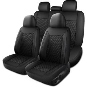 HChengkikz Leather Car Seat Covers, Breathable and Waterproof Seat Cover Full Set, PU Premium Universal Fit Automotive Airbag Compatible for Cars Sedans SUVs Vans and Trucks (Full Seat, Black, N1)