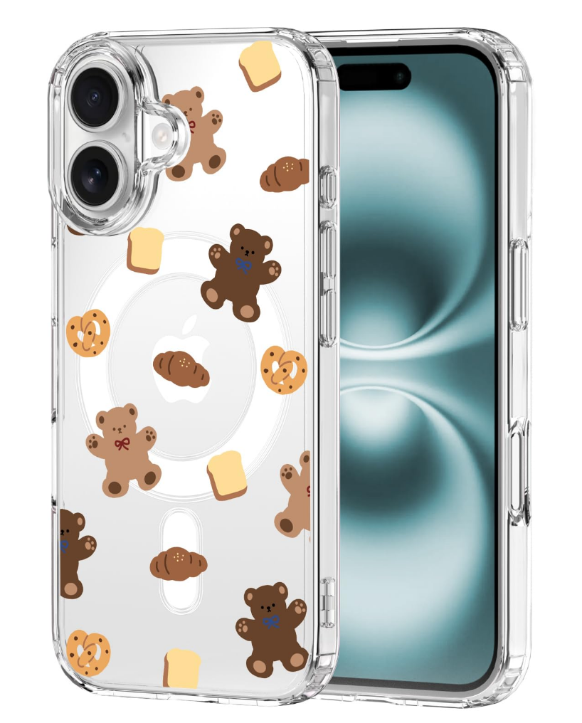 MAYCARI Cute Bear Theme Original iPhone 16 Case Compatible with Magnet Cookie Bread Teddy Bear Clear Magnetic Phone Cover for Girls Women Soft TPU Hard Back Shockproof Protective Case for 16 6.1"