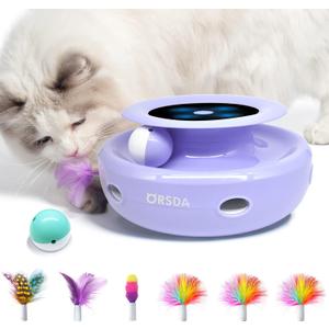 ORSDA Cat Toys, 2-in-1 Interactive Cat Toys for Indoor Cats, Automatic Cat Toy Balls, Mice Toys Ambush Feather Kitten Toys with 7pcs Attachments, Dual Power Supplies, Adjustable Speed, Auto On/Off (Periwinkle)
