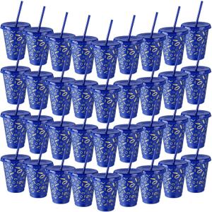 Jingmore 36 Pcs Blue and Golden Rings Plastic Cups for Birthday Party Decoration Cartoon Video Game Theme 16 oz Tumblers with Lid and Straw