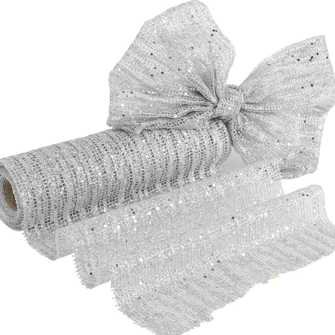 HUIHUANG Silver Glitter Christmas Tree Ribbon - 10 Inch Wide Mesh Fabric, 10 Yards for Tree Decorations, Garlands, Large Bows, Box Wrapping