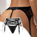 comeondear Women Floral Lace Garter Belt with Thong Plus Size Suspender Belt Set with 4 Straps Metal Clip for Stockings (Black, S)