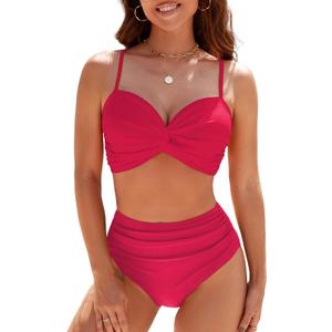 SEAFORM Women's Bikini Sets Two Piece Tummy Control Swimsuit High Waist V-Neck Beachwear Twist Front Straps Bathing Suits (Pink, M)