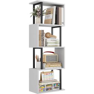 Gadroad 4-Tier Bookshelf, Narrow S-Shaped Geometric Bookcase, Wood Decorative Storage Shelving, Modern Freestanding Display Shelves, Book Shelf Unit for Living Room Bedroom Home Office, White