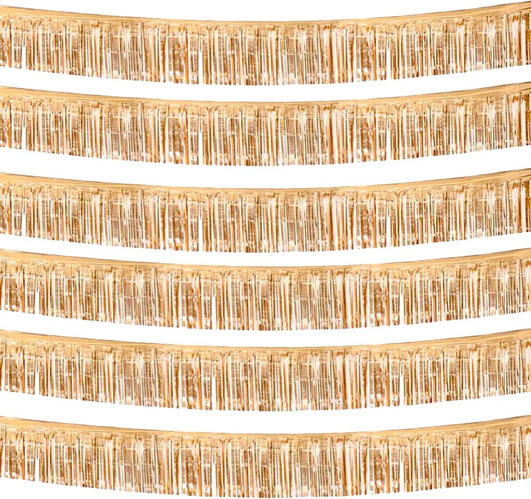 6 Pack 10 Feet Champagne Gold Foil Fringe Garland Metallic Tinsel Streamers Banner Wall Hanging Backdrop Banner for Parade Floats, Thanksgiving, Christmas, Birthday, Halloween Party Decorations