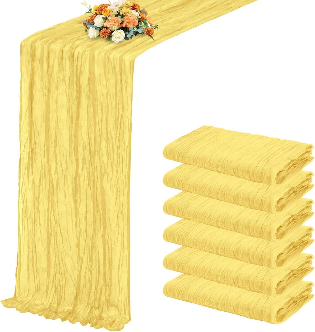 6 Pack Light Yellow Table Runner 17x108 Inch Cheesecloth Table Runner Boho Gauze Table Runners Romantic Rustic Fabric Cheese Cloth Table Runners for Wedding Party Baby Shower Birthday Home Decor