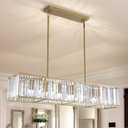 Siljoy Gold Crystal Chandelier for Dining Room, 7-Light Modern Rectangular K9 Crystal Raindrop Chandelier Pendant Ceiling Light Fixture for Living Room Kitchen Island, L47'' x W8.6'' x H8.6''
