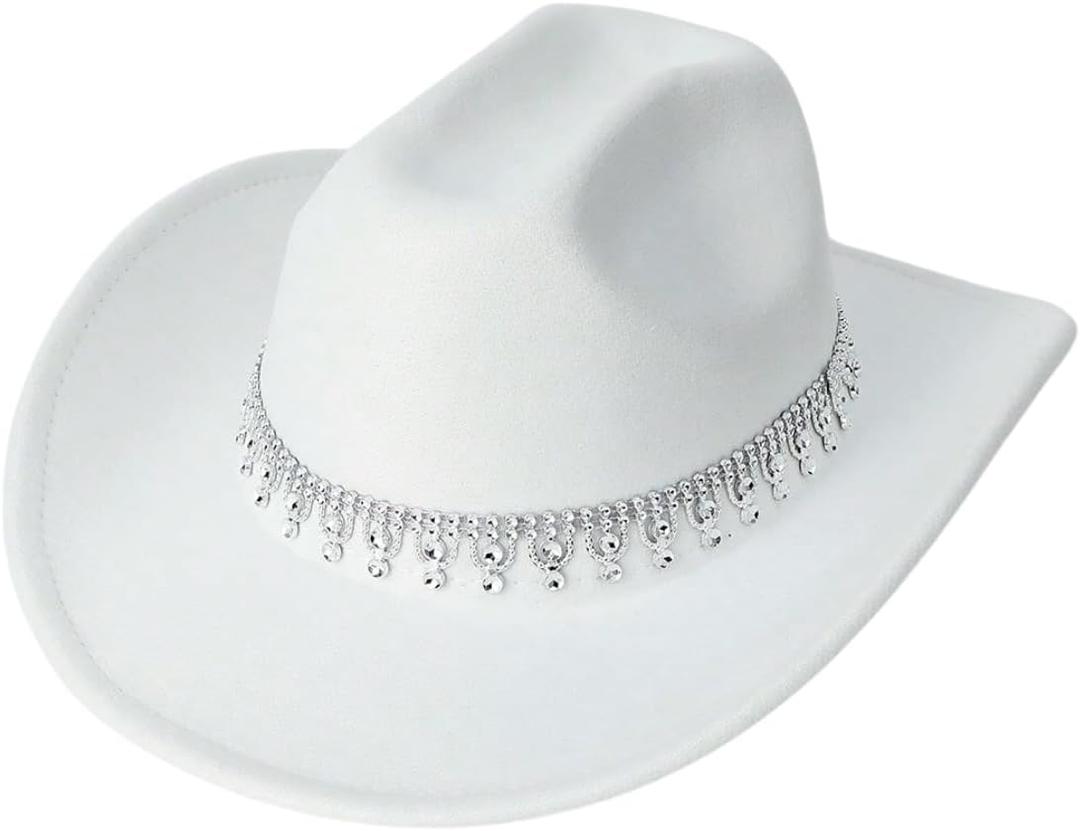 Verdusa Women's Western Boho Cowboy Hat Rhinestone Sequin Wide Brim Cowgirl Hat (White)