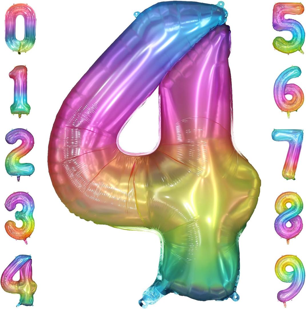 40 Inch Rainbow Number Balloon 4, Large Number Foil Balloons Mylar for Girl Boy Birthday Party Celebration Decorations Supplies, Digital Balloons for Wedding Anniversary Events Decorations