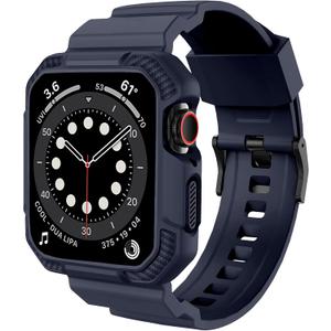 OROBAY Rugged Band Compatible with Apple Watch Band 45mm/44mm/42mm with Case, Shockproof Strap for iWatch SE2 SE Series 9/8/7/6/5/4/3/2/1 with Bumper Case Cover Men Women, Midnight Blue