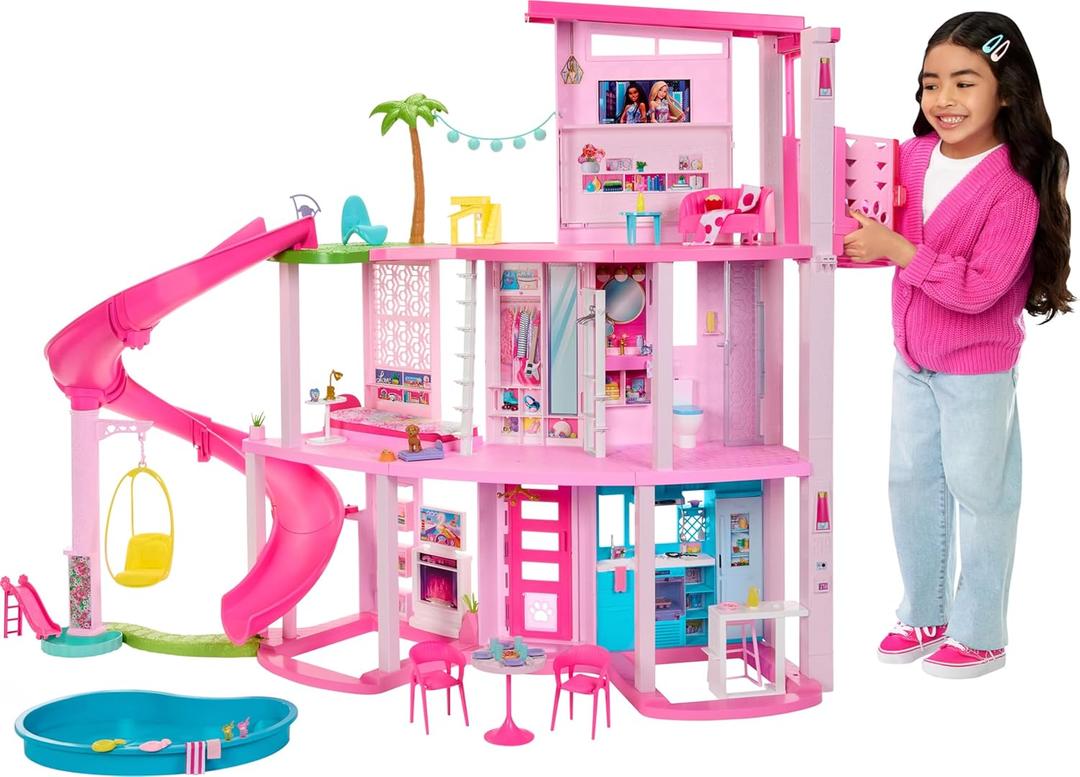 Barbie Dreamhouse, Pool Party Doll House with 75+ Pieces and 3-Story Slide, House Playset, Pet Elevator and Puppy Play Areas