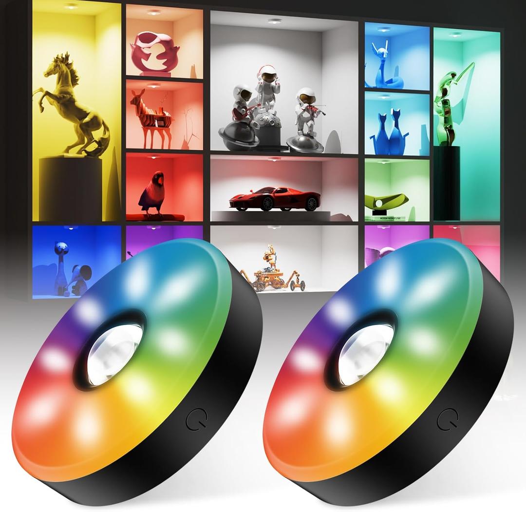 Rechargeable Puck Lights with Remote Control, 12 Color Changing Under Cabinet Lighting, Wireless RGB tv Led lights for bedroom & Closet, Dimmable Magnetic under counter lights for kitchen, Shelf,Party (Black-2 PACK)