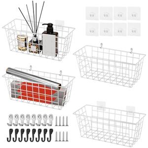 3PCS Hanging Wall Basket Wire Storage Baskets, White Wire Basket for Cabinet Door Organizer with 8 Hooks, Wall Mounted Shelf for Kitchen, Garage and Bathroom