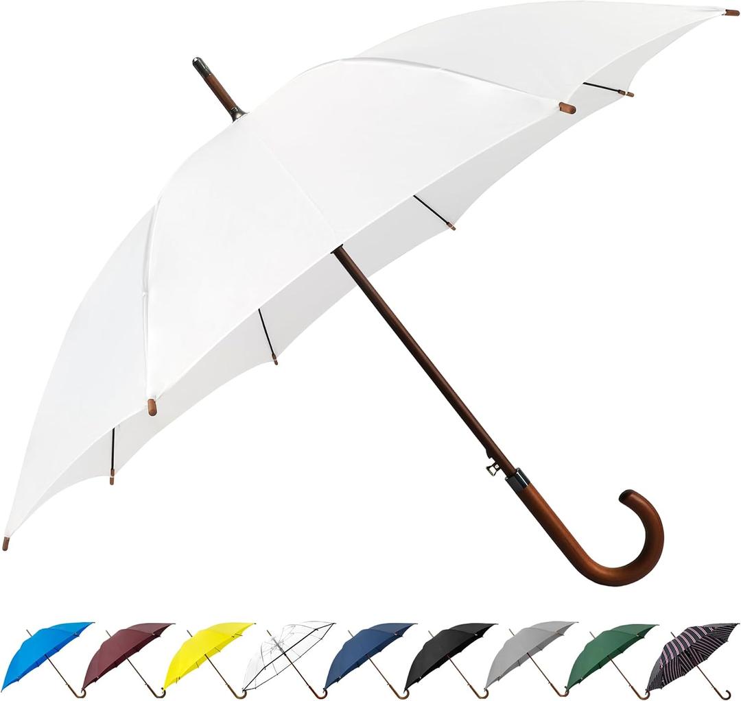 SoulRain 48" White Stick Umbrella Large Windproof Wedding Umbrella for Rain, Automatic Open, Vintage Cane Umbrella with Wooden Handle & Shaft, Elegant Parasol for Women & Men(White)