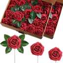 100 Pieces Artificial Foam Rose Flowers Faux Bouquet with Leaves and Stems for DIY Wedding Bouquets Centerpieces Bridal Shower Party Valentine Home Decorations(Burgundy)