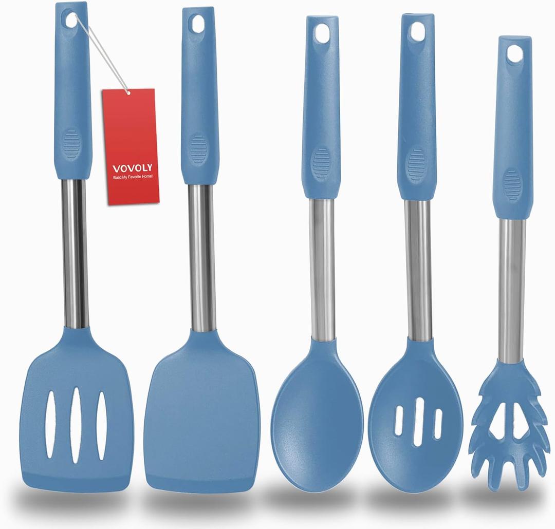 Silicone Spatula and Cooking Spoon,5 Pack Solid & Slotted Spoons and Spatulas Silicone Heat resitant for Kitchen, Stainless Steel Handle Coated with Silicone, Non Stick Utensil, Starry blue (Starry blue)