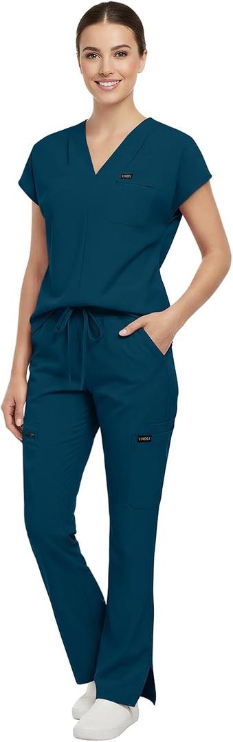 VIAOLI Scrubs for Women - V-Neck Top & Cargo Pants Uniform Womens Medical Scrubs Set for Nurses, Doctors (Large, Caribbean Blue)