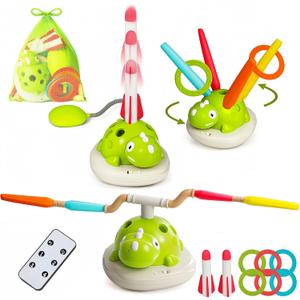 3 in 1 Musical Jump, Toss Ring Game and Stomping Launch Rocket with Storage Bag, Remote Control Outdoor Toys for Kids 3-6 Exercise Jump Gross Motor for Toddlers Indoor/Yard Game Gift for Boys Girl 4-8