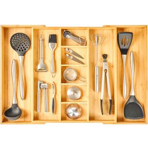 Umilife Extra Large Expandable Kitchen Drawer Organizer for Utensil and Junk, 19" Deep for Big Drawer, 17" to 28" Adjustable Bamboo Wood Drawer Divider, Cutlery Tray, Flatware Holder