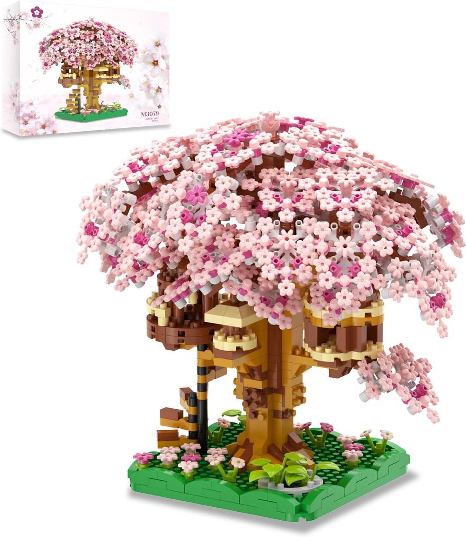 QISHOUTING Cherry Blossom Tree Building Set, 1113PCS, Flowers Bonsai Tree Mini Blocks Kit for Adult,Japanese Sakura-Tree House Building Blocks,Gift Ideas for Girls 8 10 12 14+ (Pink)